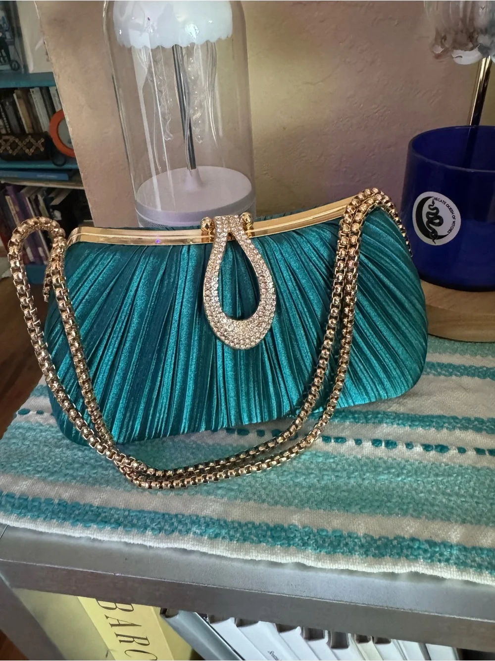 Elegant Teal Evening Clutch with Gold Chain & Crystal Accent Shoulder Strap NEW